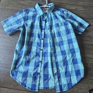 Boys Wrangler Teal and Navy Checkered Button Up Shirt